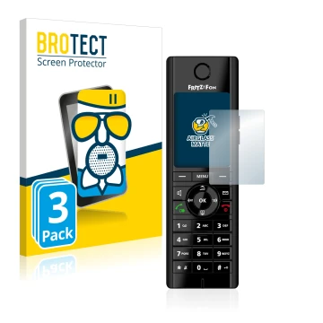 Front side of a product packaging with the brand logo BROTECT. Next to it is the device AVM Fritz!Fon C5 shown with the corres