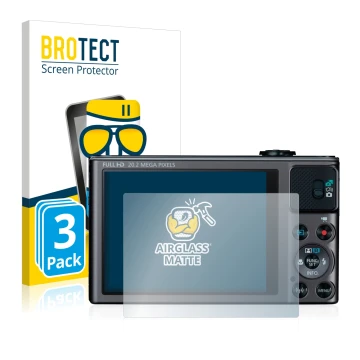 Front side of a product packaging with the brand logo BROTECT. Next to it is the device Canon PowerShot SX620 HS shown with th