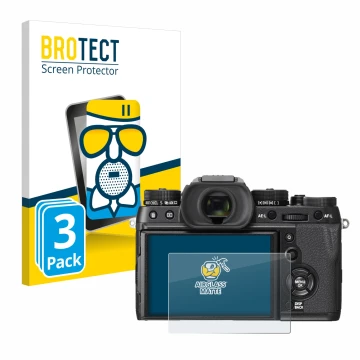 Front side of a product packaging with the brand logo BROTECT. Next to it is the device Fujifilm X-T2 shown with the correspon