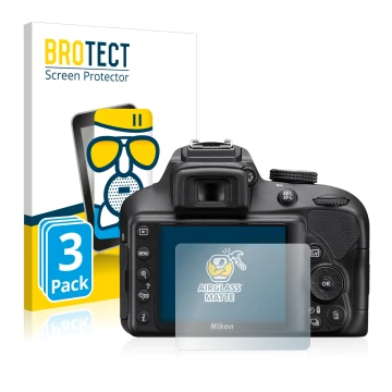 Front side of a product packaging with the brand logo BROTECT. Next to it is the device Nikon D3400 shown with the correspondi