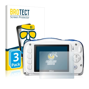 Front side of a product packaging with the brand logo BROTECT. Next to it is the device Nikon Coolpix W100 shown with the corr