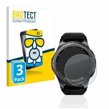 Front side of a product packaging with the brand logo BROTECT. Next to it is the device Samsung Gear S3 Frontier shown with th