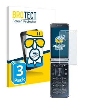 Front side of a product packaging with the brand logo BROTECT. Next to it is the device Samsung Galaxy Folder 2 shown with the