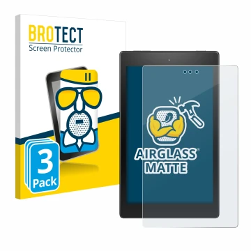 Front side of a product packaging with the brand logo BROTECT. Next to it is the device Amazon Fire HD 8 2017 shown with the c