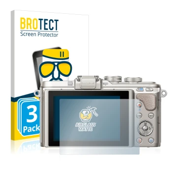Front side of a product packaging with the brand logo BROTECT. Next to it is the device Olympus PEN E-PL8 shown with the corre