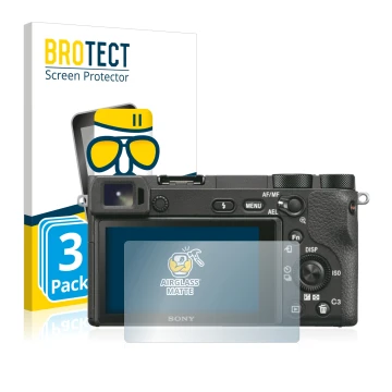 Front side of a product packaging with the brand logo BROTECT. Next to it is the device Sony Alpha 6500 shown with the corresp