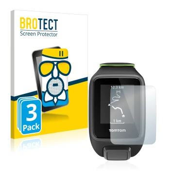 Front side of a product packaging with the brand logo BROTECT. Next to it is the device TomTom Runner 3 shown with the corresp