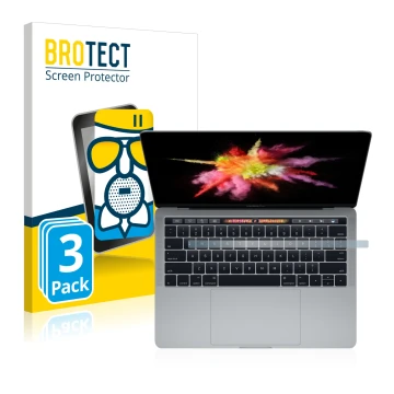Front side of a product packaging with the brand logo BROTECT. Next to it is the device Apple MacBook Pro 13