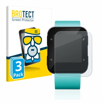 Front side of a product packaging with the brand logo BROTECT. Next to it is the device Garmin Forerunner 35 shown with the co