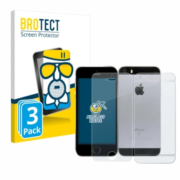 Front side of a product packaging with the brand logo BROTECT. Next to it is the device Apple iPhone SE 2016 (Front+Back) show