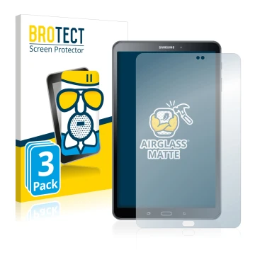Front side of a product packaging with the brand logo BROTECT. Next to it is the device Samsung Galaxy Tab A 10.1 2016 shown w
