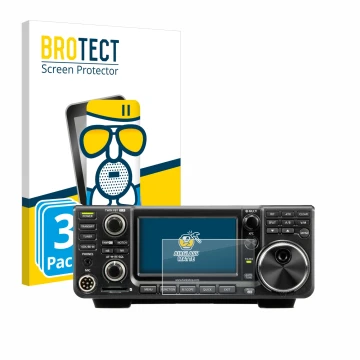 Front side of a product packaging with the brand logo BROTECT. Next to it is the device Icom IC-7300 shown with the correspond