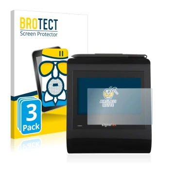 Front side of a product packaging with the brand logo BROTECT. Next to it is the device Signotec Signature Pad Gamma shown wit