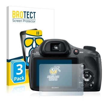 Front side of a product packaging with the brand logo BROTECT. Next to it is the device Sony Cyber-Shot DSC-HX350 shown with t