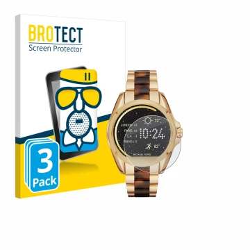 Front side of a product packaging with the brand logo BROTECT. Next to it is the device Michael Kors Access Bradshaw shown wit