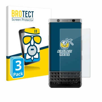 Front side of a product packaging with the brand logo BROTECT. Next to it is the device BlackBerry Keyone shown with the corre