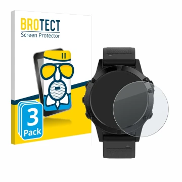 Front side of a product packaging with the brand logo BROTECT. Next to it is the device Garmin Fenix 5 (47 mm) shown with the 