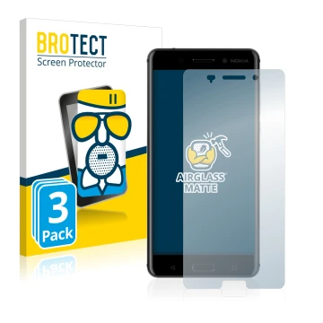 Front side of a product packaging with the brand logo BROTECT. Next to it is the device Nokia 6 2017 shown with the correspond