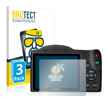 Front side of a product packaging with the brand logo BROTECT. Next to it is the device Canon PowerShot SX430 IS shown with th