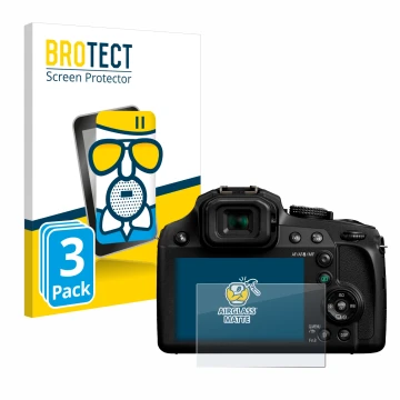 Front side of a product packaging with the brand logo BROTECT. Next to it is the device Panasonic Lumix DC-FZ82 shown with the