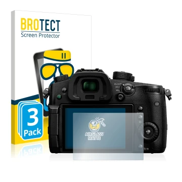 Front side of a product packaging with the brand logo BROTECT. Next to it is the device Panasonic Lumix DC-GH5 shown with the 