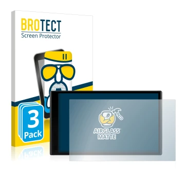 Front side of a product packaging with the brand logo BROTECT. Next to it is the device Garmin DriveSmart 61 LMT-D shown with 