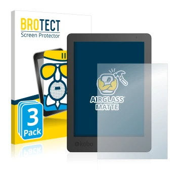 Front side of a product packaging with the brand logo BROTECT. Next to it is the device Kobo Aura Edition 2 shown with the cor