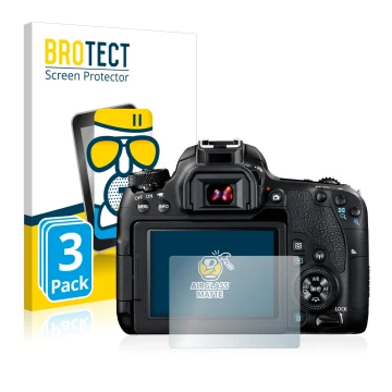 Front side of a product packaging with the brand logo BROTECT. Next to it is the device Canon EOS 77D shown with the correspon