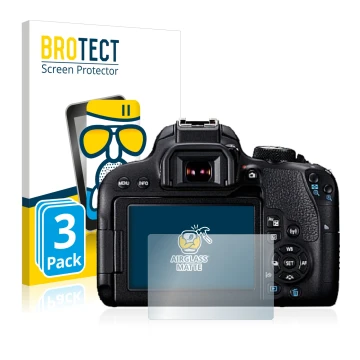 Front side of a product packaging with the brand logo BROTECT. Next to it is the device Canon EOS 800D shown with the correspo