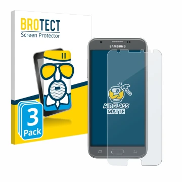 Front side of a product packaging with the brand logo BROTECT. Next to it is the device Samsung Galaxy J3 2017 shown with the 