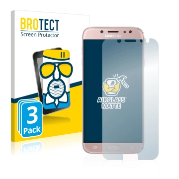 Front side of a product packaging with the brand logo BROTECT. Next to it is the device Samsung Galaxy J7 2017 shown with the 