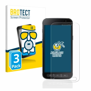 Front side of a product packaging with the brand logo BROTECT. Next to it is the device Samsung Galaxy XCover 4 shown with the