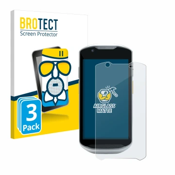 Front side of a product packaging with the brand logo BROTECT. Next to it is the device Zebra TC56 shown with the correspondin