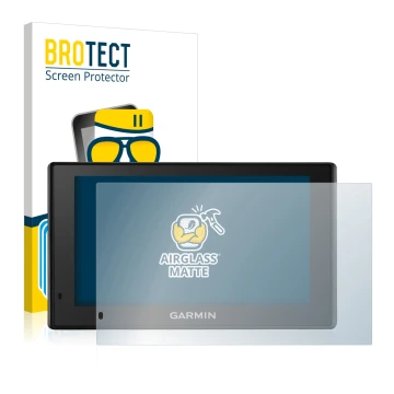 Front side of a product packaging with the brand logo BROTECT. Next to it is the device Garmin DriveSmart 51 LMT-D shown with 