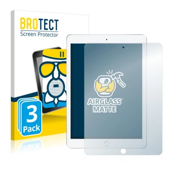 Front side of a product packaging with the brand logo BROTECT. Next to it is the device Apple iPad 9.7 2017 (5th. Gen.) shown 