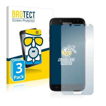 Front side of a product packaging with the brand logo BROTECT. Next to it is the device Samsung Galaxy J5 2017 shown with the 