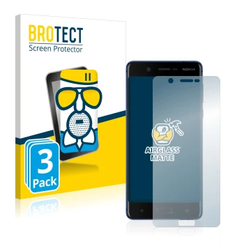 Front side of a product packaging with the brand logo BROTECT. Next to it is the device Nokia 5 shown with the corresponding s