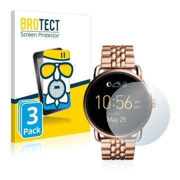 Front side of a product packaging with the brand logo BROTECT. Next to it is the device Fossil Q Wander shown with the corresp