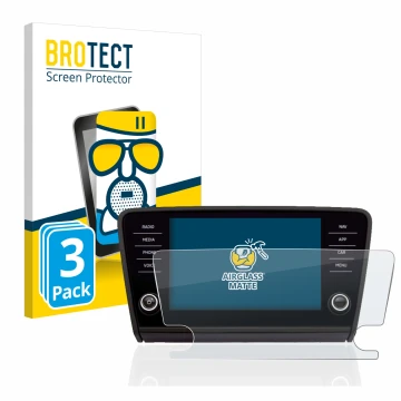 Front side of a product packaging with the brand logo BROTECT. Next to it is the device Skoda Octavia 2017 Infotainment System