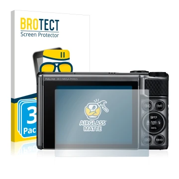 Front side of a product packaging with the brand logo BROTECT. Next to it is the device Canon PowerShot SX730 HS shown with th