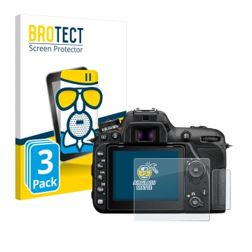 Front side of a product packaging with the brand logo BROTECT. Next to it is the device Nikon D7500 shown with the correspondi