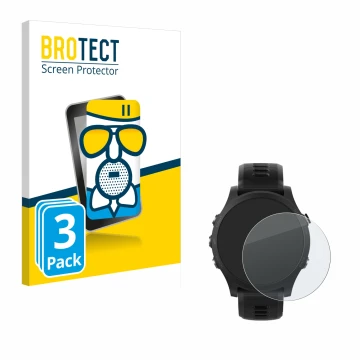 Front side of a product packaging with the brand logo BROTECT. Next to it is the device Garmin Forerunner 935 shown with the c