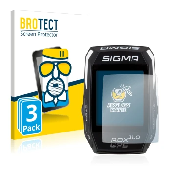 Front side of a product packaging with the brand logo BROTECT. Next to it is the device Sigma ROX GPS 11.0 shown with the corr