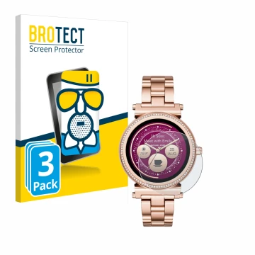 Front side of a product packaging with the brand logo BROTECT. Next to it is the device Michael Kors Access Sofie shown with t