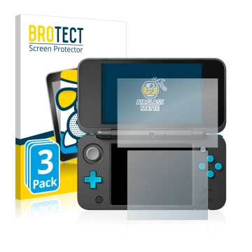 Front side of a product packaging with the brand logo BROTECT. Next to it is the device Nintendo 2DS XL shown with the corresp