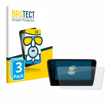 Front side of a product packaging with the brand logo BROTECT. Next to it is the device Skoda Octavia 2017 Infotainment System
