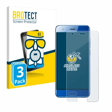 Front side of a product packaging with the brand logo BROTECT. Next to it is the device Honor 9 shown with the corresponding s