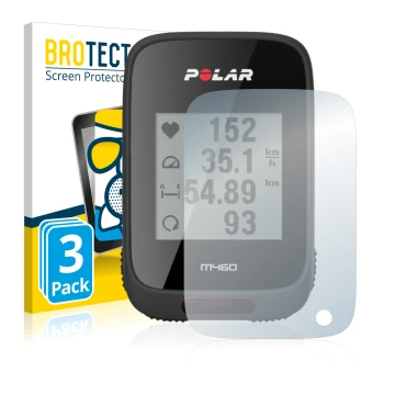 Front side of a product packaging with the brand logo BROTECT. Next to it is the device Polar M460 shown with the correspondin