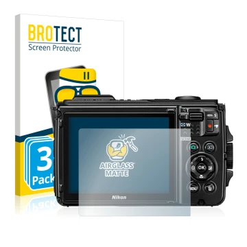 Front side of a product packaging with the brand logo BROTECT. Next to it is the device Nikon Coolpix W300 shown with the corr