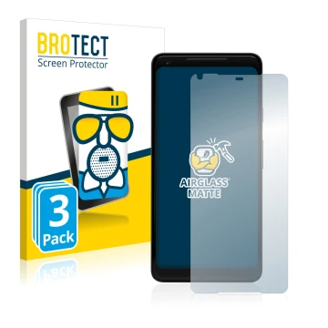 Front side of a product packaging with the brand logo BROTECT. Next to it is the device Google Pixel 2 XL shown with the corre